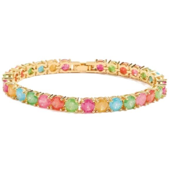 Rainbow Simulated Opal and Chalcedony 18K Gold Plated Tennis Bracelet 7 1/4" - Picture 1 of 4